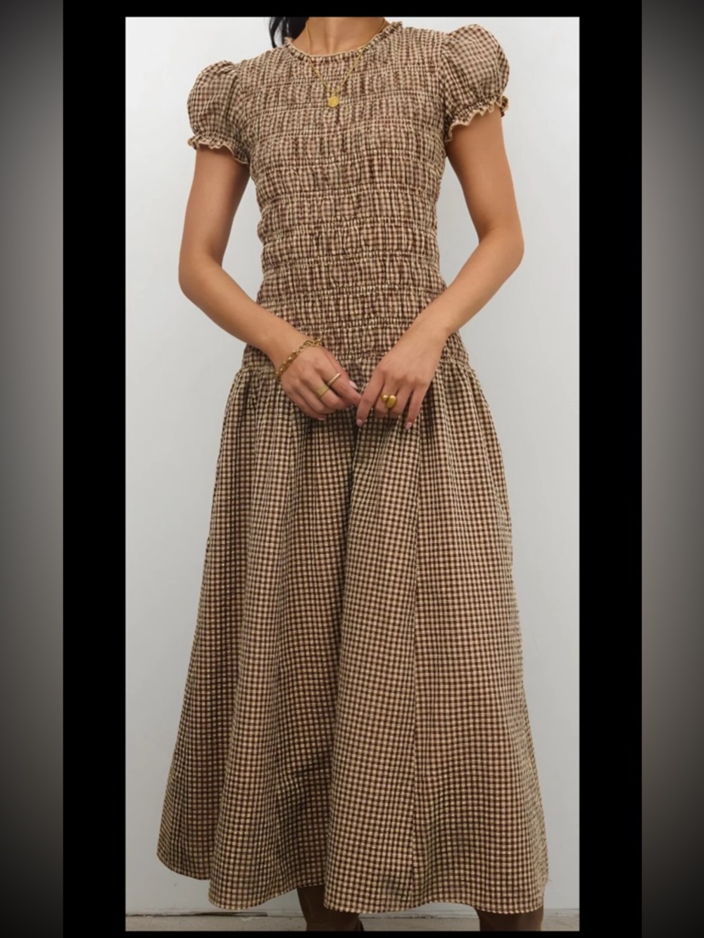 Smocked Puff Sleeve Maxi Dress in Brown Gingham